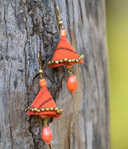 Upcycled Orange Handmade Jhumaka Earrings