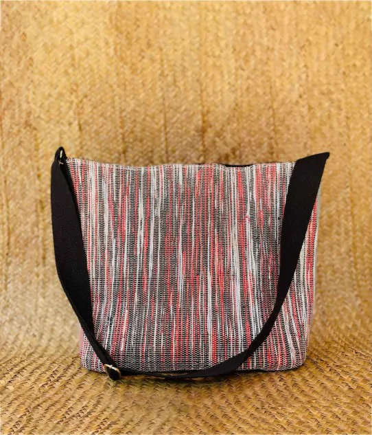 Handwoven Jhola Tote, Made from Upcycled Plastic, Maroon & Black