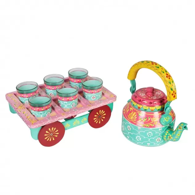 Handicraft Roseate Kettle with 6 Glasses & Holder with Decorative Tea Coffee Set - Set of 4